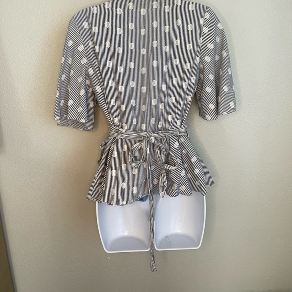 LOFT Blue White Striped Polka Dot Wrap Peplum Top Cotton Blend Short Bell Sleeve - Picture 7 of 7